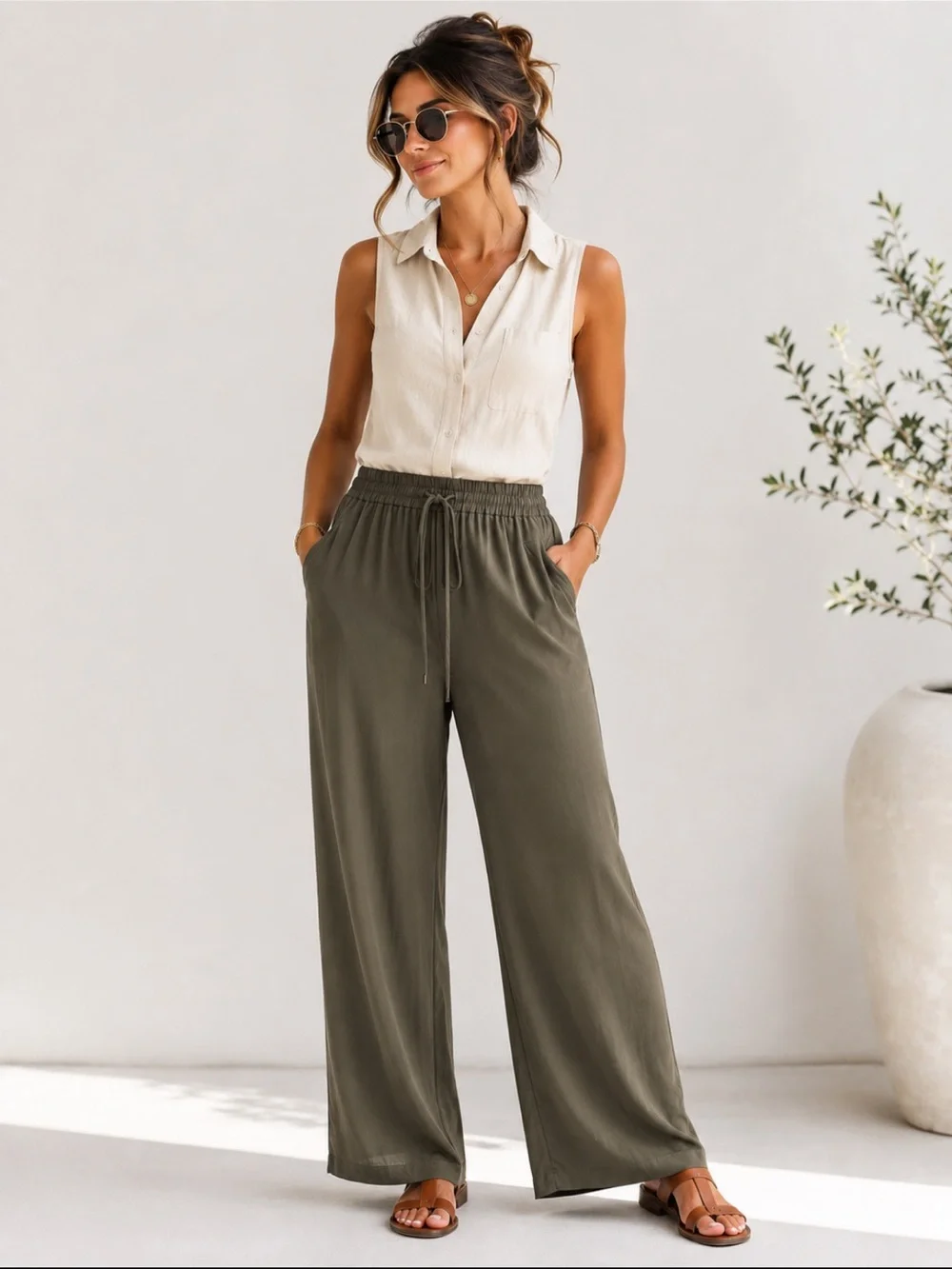 Trina Turk NEW Wide leg Pant Olive Pull on style size Medium - Picture 1 of 9